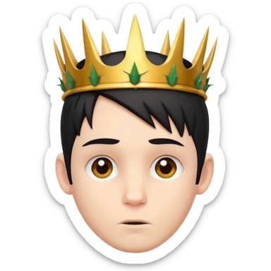 White boy with black short straight hair, has a horns on his forehead and wearing a crown of thorns sticker