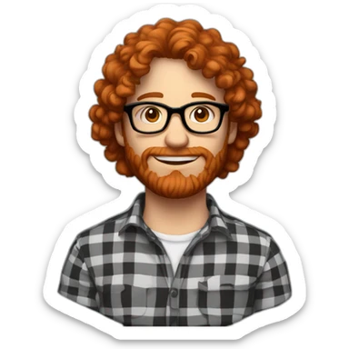man. around 25. redhead. curly hair. with beard and glasses. shirt with black and red checks sticker