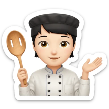 Short black hair, happy, wearing chef uniform and chef hat sticker