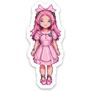 Add girly hair, a pink dress, and pretty shoes to the character. Keep the same proportions, pose, and pixel art style as the reference. Background transparent. sticker