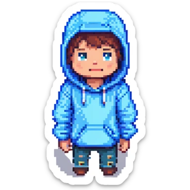 Edit the Minecraft character in the blue hoodie to have a surprised expression, keeping the pixel art style and pose the same. sticker