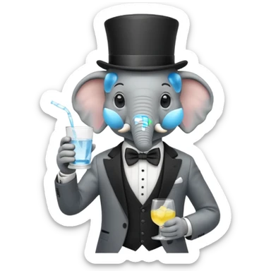 elephant wearing suit, bowtie and top hat, holding glass of water sticker
