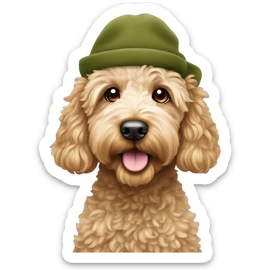Mini goldendoodle in olive green winter hat  sticker