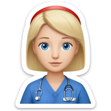 Nurse blue eyes short blond blue scrubs no hat sticker