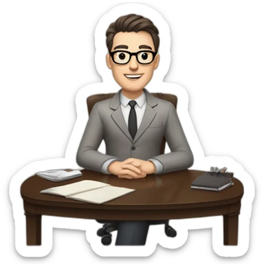Pale skinned Fit Man With dark brown hair in gray jacket, beige office shirt and vintage glasses sitting In a soft chair with a notebook with emblem Ψ and a pen in his hands sticker