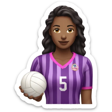 women wearing purple pink black stripes shirt holding a volleyball sticker