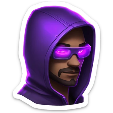 Hacker behind his laptop with this style : crysis Cyberpunk Valorant neon glowing bright purple character purple violet black hooded assassin themed character sticker