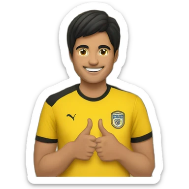 Football Club Supporter yellow and black pattern t-shirt thumbs up indian boy black hair half body sticker