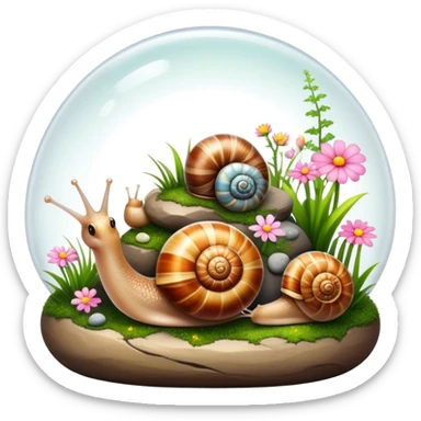 Close-up of large home snails inside a terrarium, showcasing their soft, spiral shells and glistening bodies, with a gentle light highlighting their details. With stones and grass and flowers. Transparent background. sticker