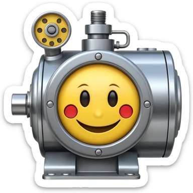Industrial mechanical motor with a smiley face, emoji for the new electric music genre Motor breaks must be friendly and sellable must be small but clear sticker
