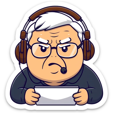 Brown old man with medium white hair, wearing glasses and headphones, looking surprised and angry, no facial hair, chubby, looking to the upper left corner sticker