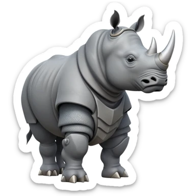 cinematic-rhino-full-body-standing-emoji,slate grey skin -massive-armored-body-poised-powerfully,-thick-horn-curving-slightly-forward,-head-tilted-dramatically,-rough-grey-hide-covered-in-dust,-simplified-focused-features sticker