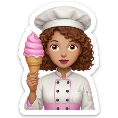 woman brown curly hair, chef, eating pink ice cream sticker