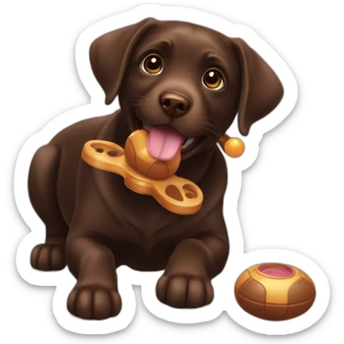 Chocolate labrador playing with toy sticker