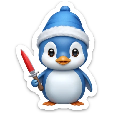 Cute blue pinguin wearing a blue Christmas hat and holding a knife sticker
