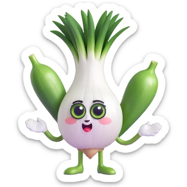 adorable anthropomorphic green onion, 3D chibi style, round white onion body, oversized expressive eyes, green leaves as hair, comically exaggerated crying expression with onion juice tears spraying out, funny dynamic pose, pastel colors, soft textures, high quality lighting, transparent background sticker
