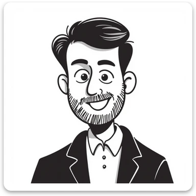 A middle-aged man with a medium black and gray beard, short dark hair cut to the scalp on the sides and combed back on top, blue eyes, smiling sticker