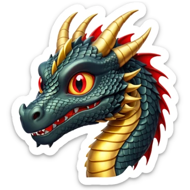 The image depicts a dragon resembling the dragon symbol from ancient Japanese mythology, combining the colors gold and black. It is bright and shiny, with clear colors, and the background of the image is transparent. The dragon embodies these colors, has red eyes, and is complete. sticker