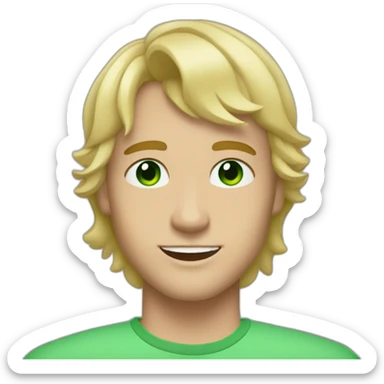 blonde twenty year old guy with side part brow-length wavy bangs but buzzed on sides and back and green eyes sticker