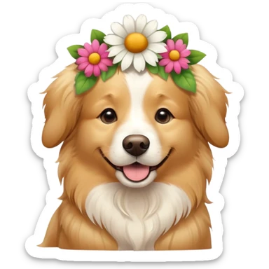 A golden retriever dog with a flowers on head sticker