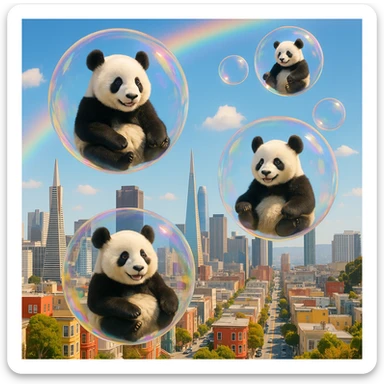 Cinematic still pandas bears sitting inside bubbles flying around San Francisco downtown, sunny summer day, happy vibe, colorfull surround, rainbow sticker