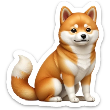 cinematic-[shiba inu]-realistic-full-body-sitting-emoji,-tail-resting-loosely-beside-its-paws,-head-tilted-dramatically, -fluffy-[orange white]-fur,-simplified-yet-realistic-focused-features,-highly-detailed,-glowing-with-an-almost-sarcastic-glow sticker
