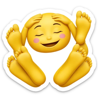 Cute 3D yellow smiley, closed eyes, smile, feet up, hands under chin, white background. sticker