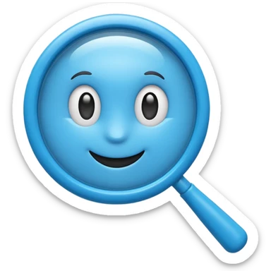A cute 3D emoji-style blue magnifying glass, glossy plastic material, soft rounded shape, vibrant blue color, smooth reflections, minimal details, centered composition, isolated on a clean background, emoji style, high quality 3D render sticker