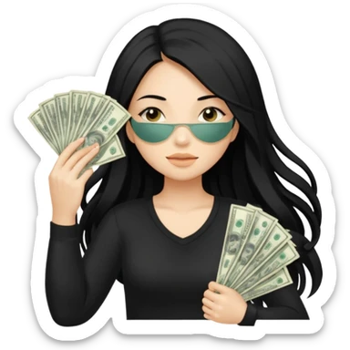 A cartoon-style sticker: a girl with long black hair covers her face with a fan of stacks of dollar bills. She is wearing a black top, and her pose conveys a sense of wealth and slight confidence. sticker