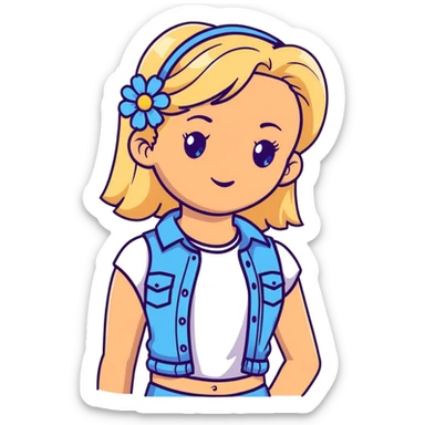 preppy coastal teen girl with blue eyes, beach blonde hair, tan skin, small flowers in her ear, preppy beach outfit sticker