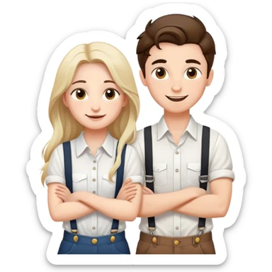 A boy in a white shirt and a girl with long hair and suspenders crossed their arms over their chests - with happy faces sticker