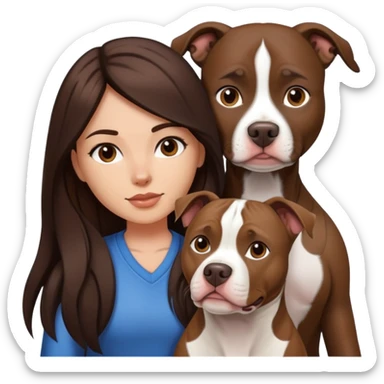 girl with dark brown long hair with her pitbull dog brown and white sticker