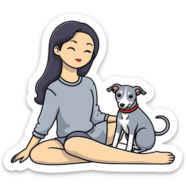 Very thin Chinese woman with long black hair relaxing in a luxurious hotel suite with exactly ONE whippet dog. EXTREME IMPORTANCE: the whippet must be ONE SOLID MEDIUM GREY COLOR (not too dark, not too light) from nose to tail with ABSOLUTELY NO WHITE MARKINGS anywhere - NO white on face, NO white on muzzle, NO white on chest, NO white on paws, NO white on tail - NOTHING BUT A SINGLE SHADE OF MEDIUM GREY throughout the entire animal sticker
