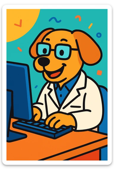 cheerful dog computer scientist wearing lab coat and glasses, working on a computer, modern cartoon style sticker