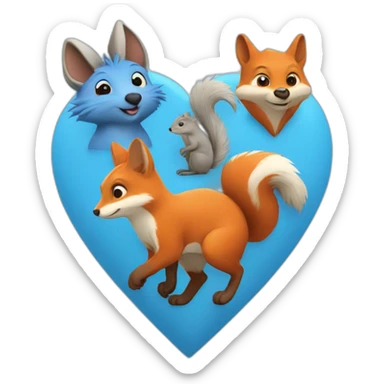 blue heart with fox, squirrel and hedgehog sticker