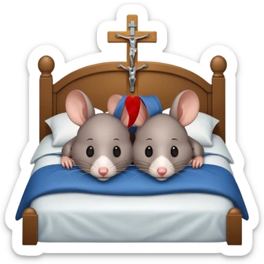 2 rats cuddles together in bed with a crucifix sticker