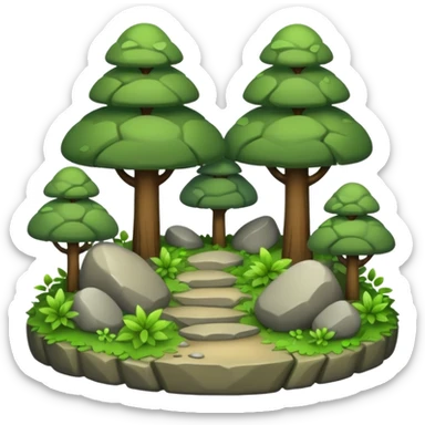 A bright forest clearing with layered bushes and scattered rocks. sticker
