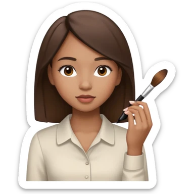 Draw a mixed-race girl applying makeup, wearing a clean girl blouse and with straight brown hair  sticker