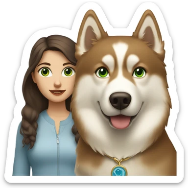 Brown hair  woman with blue eyes with a golden Husky with green eyes sticker
