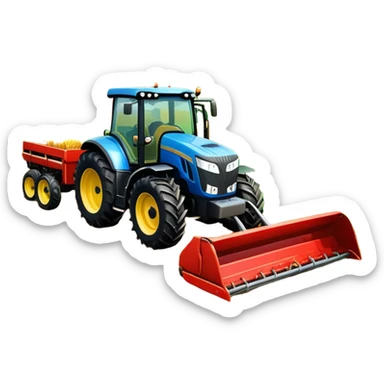 An icon representing a farming simulator, with a detailed tractor with a colorful rural landscape, plowing fields under a bright sky. The design includes farming tools, crops and barns, symbolizing the immersive experience of managing a farm. Transparent background. sticker