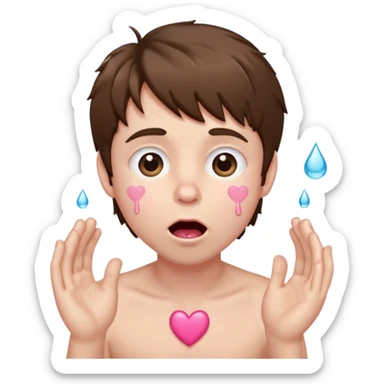Pale Boy with shaggy brown hair, pink heart shaped eyes looking up , mouth open , water drop dripping from lips, hand grabbing at cheek sticker