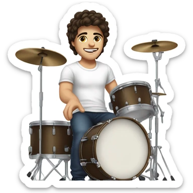 20 year o white boy with fluffy dark brunnette hair playing the drums in a white tshirt sticker