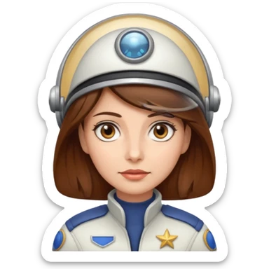 woman with brown hair and brown eyes.  space ship captain with white hat sticker