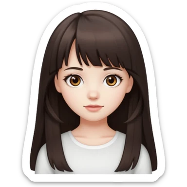 brunette girl with dark brown eyes, pale rosy skin, long hair and wispy bangs and a white top  sticker