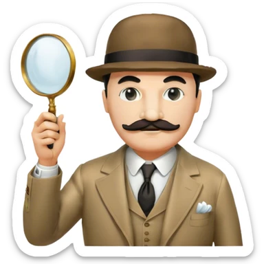 A cinematic-style frame showing Hercule Poirot in his iconic suit, with a magnifying glass, in a dramatic detective pose. Background should be dimly lit with an air of mystery, reflecting the atmosphere of a classic detective film. Transparent background. sticker