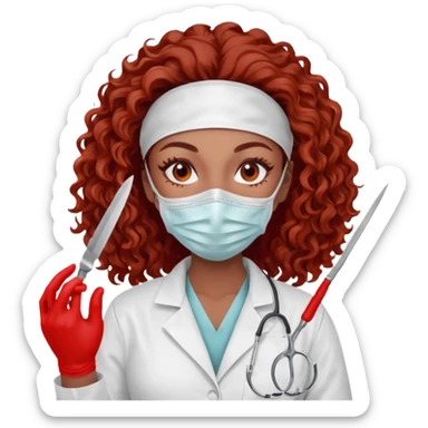 Scary woman scalpel in hand, evil surgeon sexy surgeon clothes.  She has red eyes. Her  brown long curly hair. Wears sexy doctor outfit with red gloves. make her hair free and brown but have mouthy  wear  mask  to hide. Wears white surgeon jacket and  has lon* brown hair. sticker