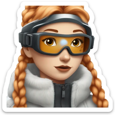 White fair skin, straight hair in a wolf cut, ginger coloured hair, grundge aesthetic, beautiful face, ski goggles on her hair sticker