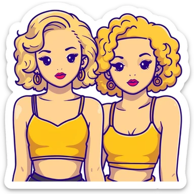 Two teenage girls together, one blonde and one with curly brown hair, both with heavy makeup, big lips, crop tops, gold jewelry and flashy choni style outfits sticker