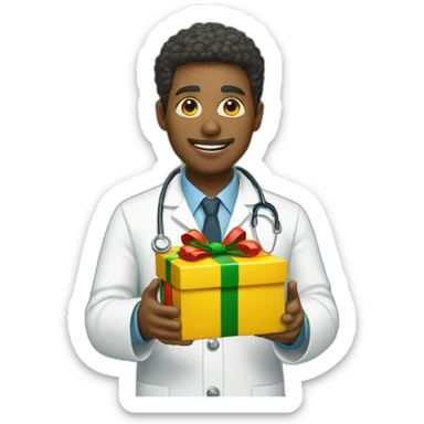 yellow doctor holding a Christmas present sticker