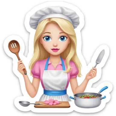 Cinematic realistic beautiful blonde with long hair, blue eyes and pink lips in a white dress cooks sticker